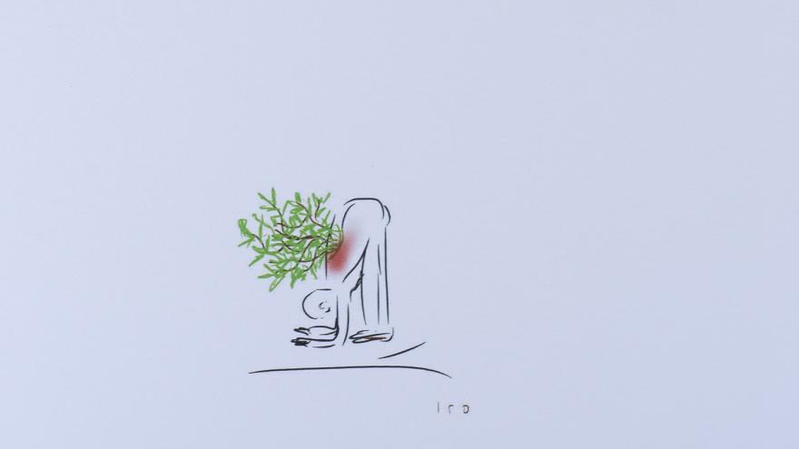 Dibujo de una persona semi agachada cubierta con una planta