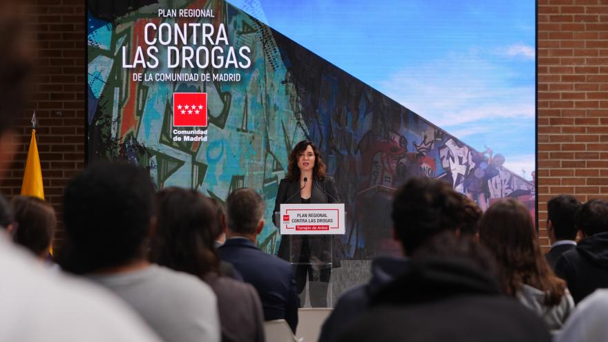 Díaz Ayuso presenta el Plan Regional contra las Drogas con especial atención a los jóvenes y 75 medidas dirigidas a la prevención y concienciación La presidenta durante el acto