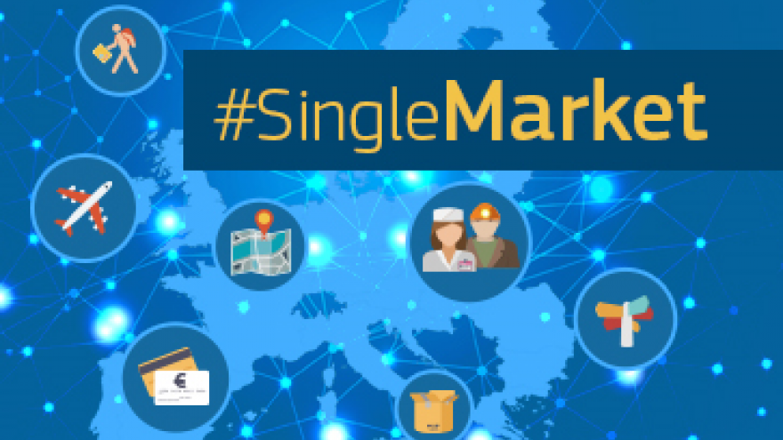 Seven line drawings framed in circles and the legend Single Market