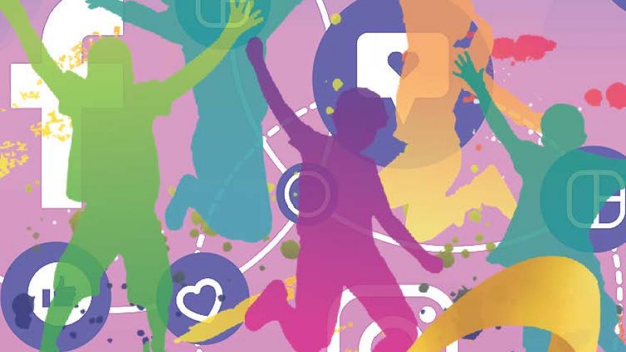 Ilustración siluetas en diferentes colores de jóvenes saltando e iconos de redes sociales