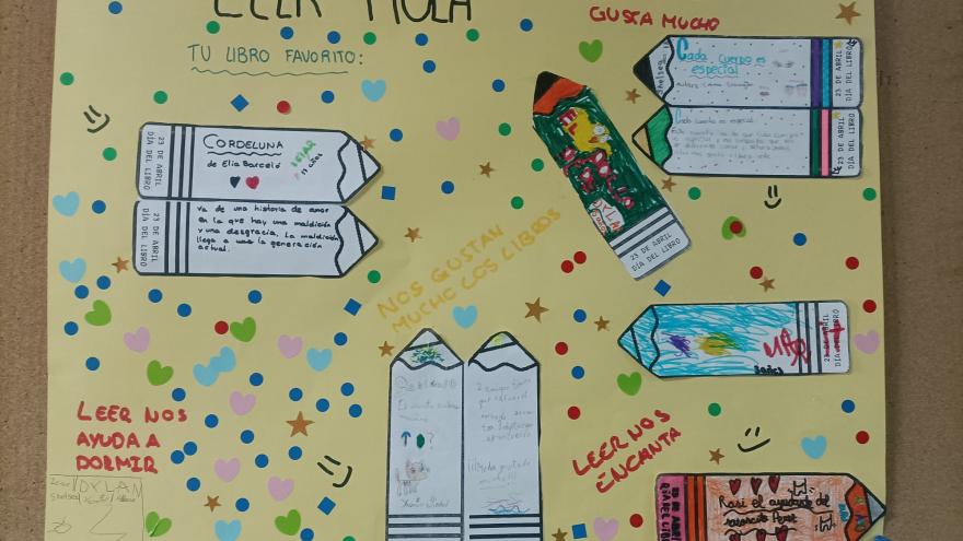 Mural amarillo que representa lápices y libros