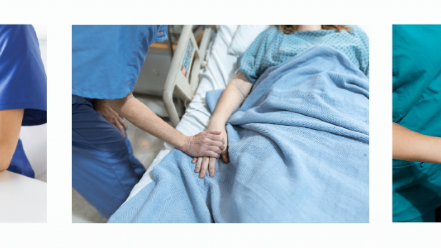 Tres fotos una enfermera escribiendo, otra tocando mano de paciente y otra de enfermera señalando cuestionario que también señala un médico
