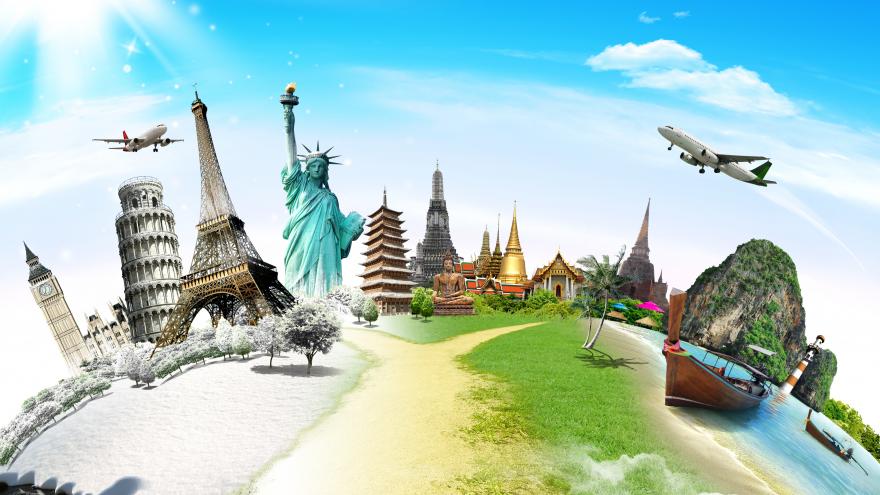 Drawing with some of the main tourist monuments in the world: the Eiffel Tower, the Statue of Liberty, the Tower of Pisa, etc.