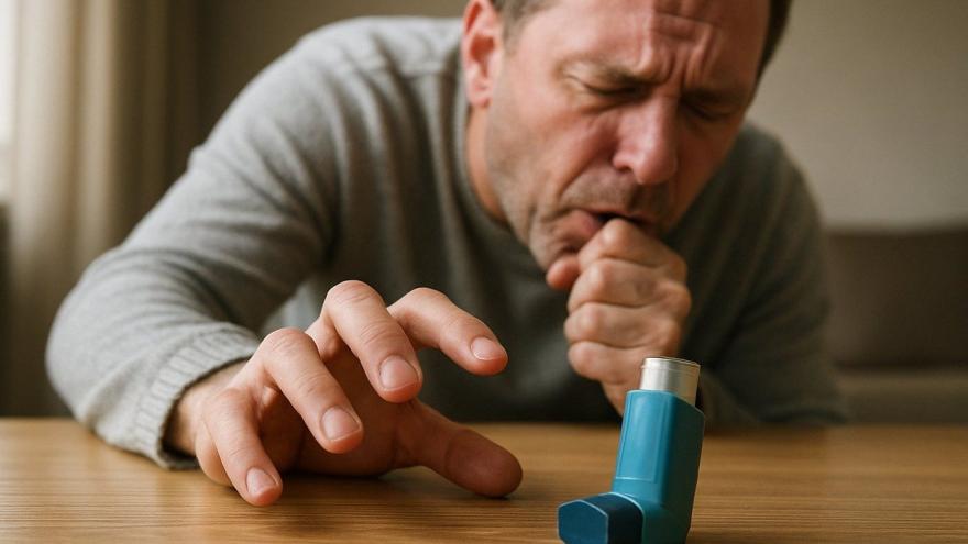 Hombre de mediana edad tose frente a un inhalador