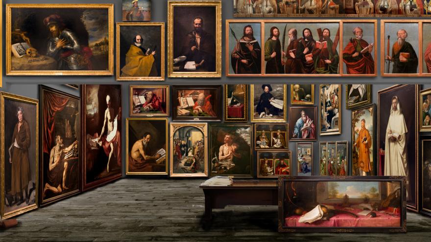 Cuadro formado por multitud de cuadros antiguos cuyos personajes llevan libros