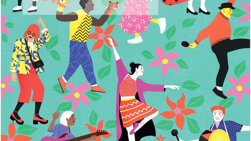 Personajes bailando sobre un fondo azul