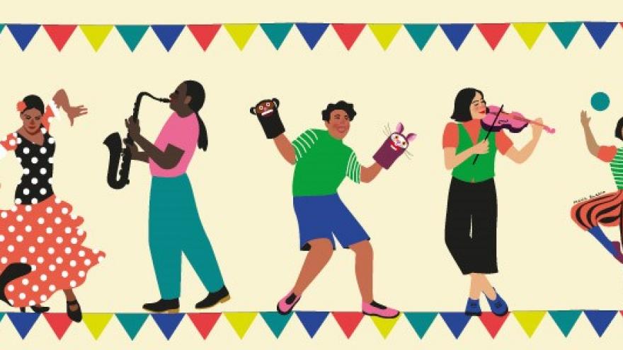 Ilustración de personas bailando y tocando instrumentos