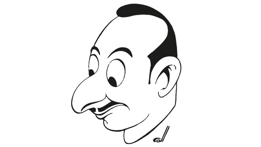 Caricature of a man with a mustache in black and white