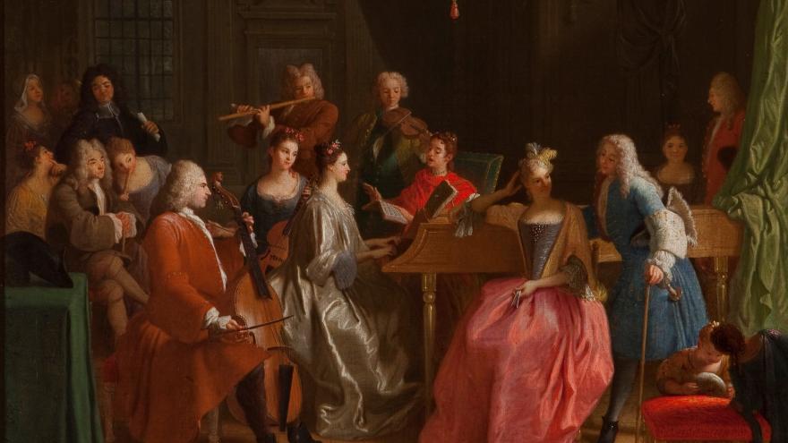 Pintura que representa un grupo de personajes de época reunidos en una velada musical