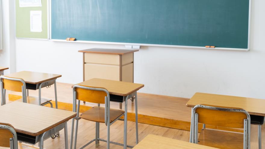 El aula de una escuela con el escritorio y pupitres vacíos