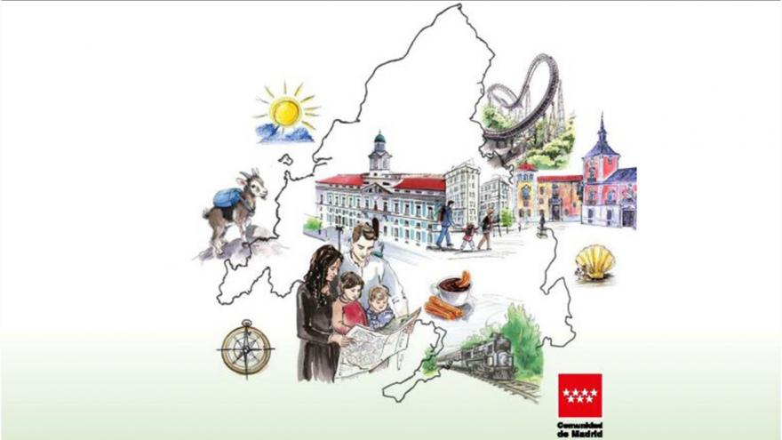 Ilustración de una familia consultando un mapa con fondo de diversos motivos turísticos madrileños