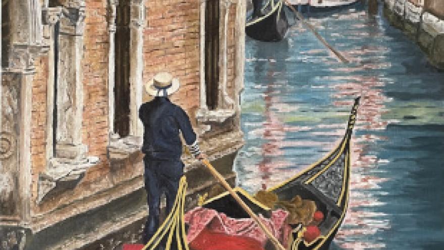 pintura al oleo de un canal de Venecia con una góndola y un gondolero en ella