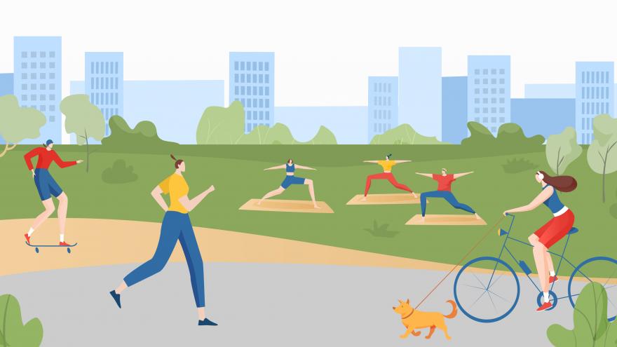 Ilustración de personas haciendo ejercicio en el parque