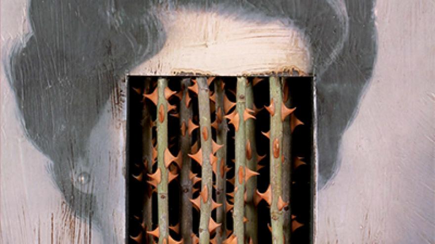 imagen de la cara de una mujer tapada con una reja de espinas