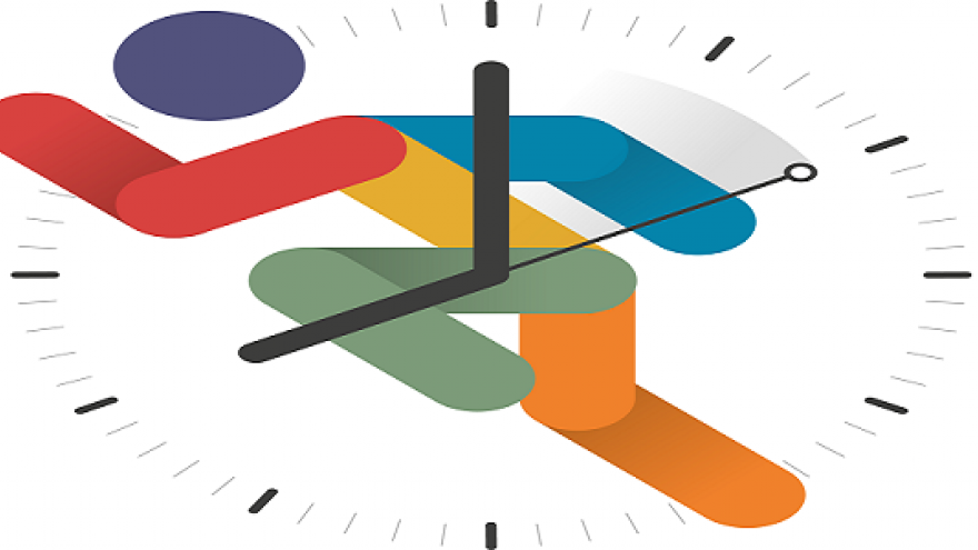 dibujo de un reloj que marca las doce menos veinte con una figura humana de colores como fondo