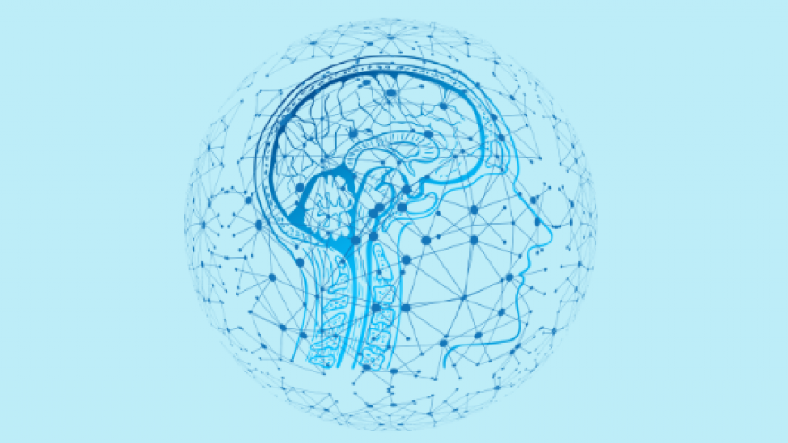 ilustración de líneas y puntos azules de cabeza y cerebro sobre fondo azul más claro