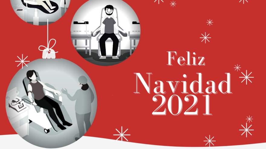 tres bolas de Navidad con imágenes en blanco y negro en el interior de donantes de sangre y fondo rojo