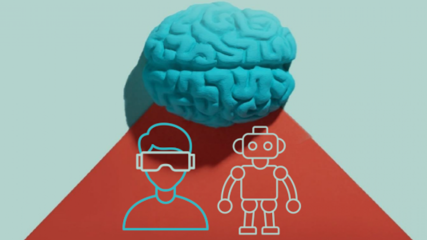 imágen icónica de un cerebro, una persona y un robot sobre fondo verde