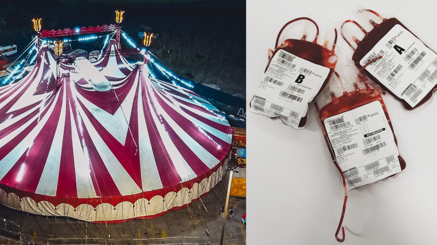 Imagen de una carpa de circo y de unas bolsas de extracción con sangre