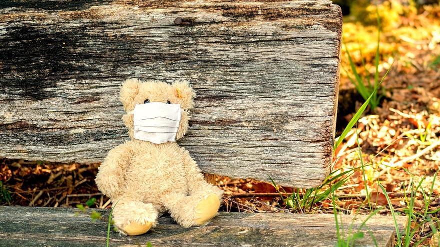 osito peluche con mascarilla sentado en un banco en la naturaleza