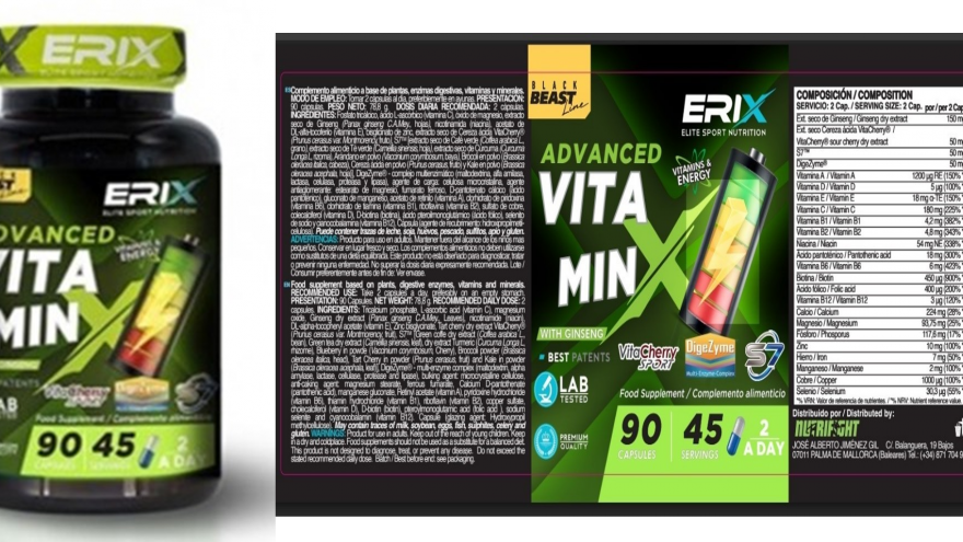 Envase y etiqueta de un complemente alimenticio implicado en una alerta alimentaria por elevada cantidad de vitamina D