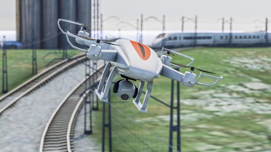 Dron sobre vías de un tren. ESA BIC Sigmarail drone