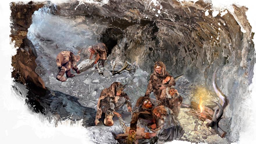 Enterramiento dela cueva de la descubierta en el Parque Arqueológico del Valle de los Neandertales. Ilustración Yolanda Gonzalez