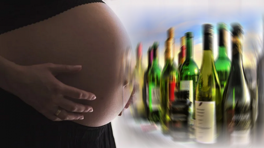 Tripa de mujer embarazada con bebidas alcohólicas al lado difuminadas