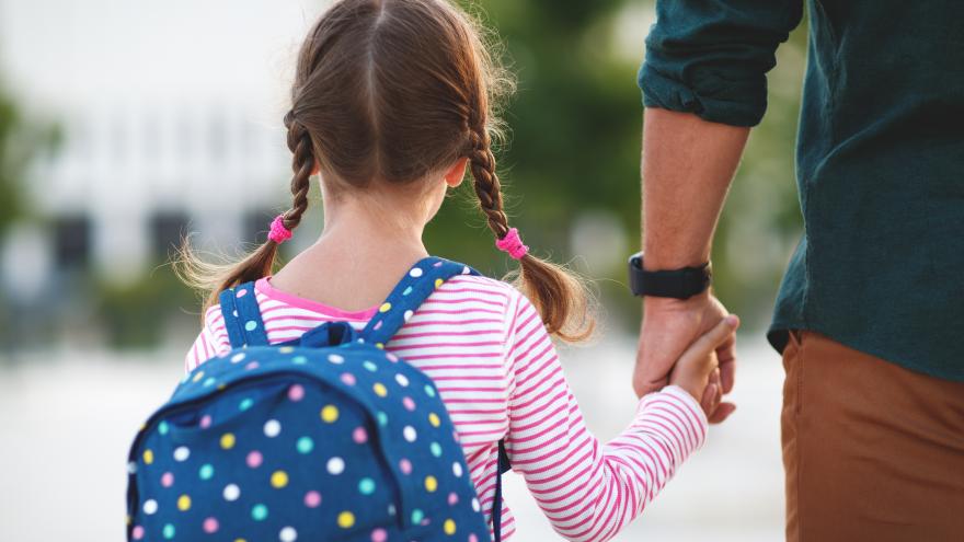 niña de espaldas cogida de la mano de una persona adulta