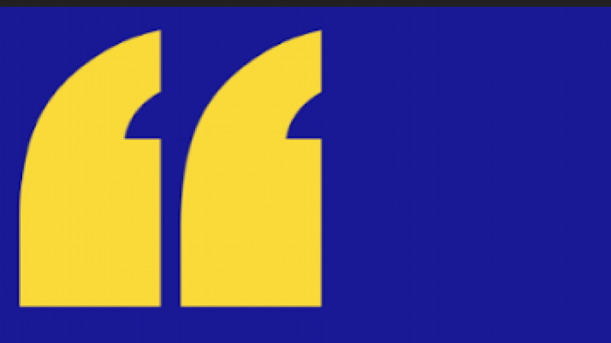 Dibujo de comillas amarillas sobre fondo azul y logo de Eryica