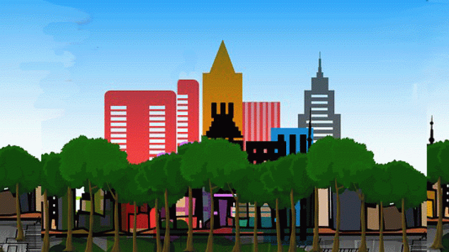 front drawing of different colors of buildings and trees of a city