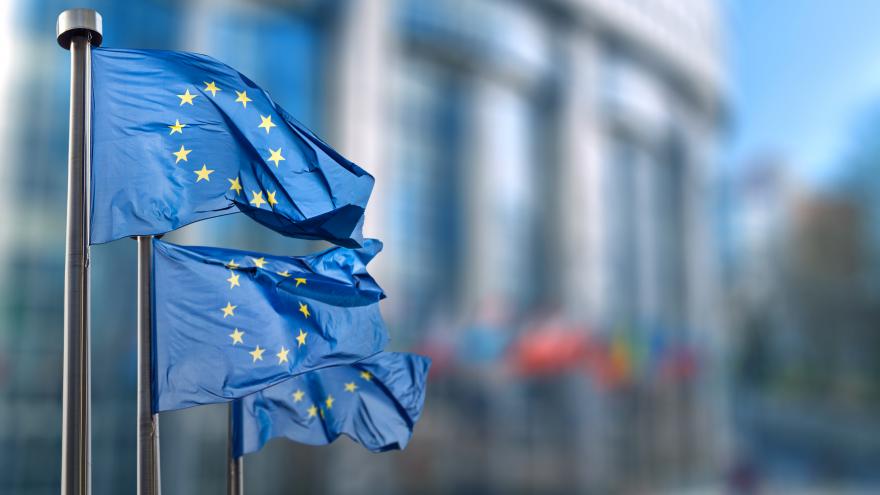 Dos banderas de la Unión Europea ondean con Bruselas de fondo