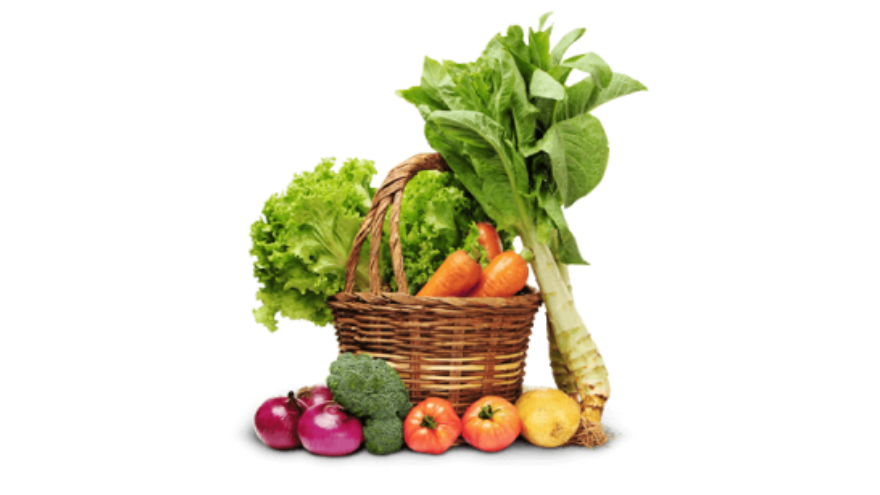 Fotografía de la cesta de la compra con productos frescos de frutería