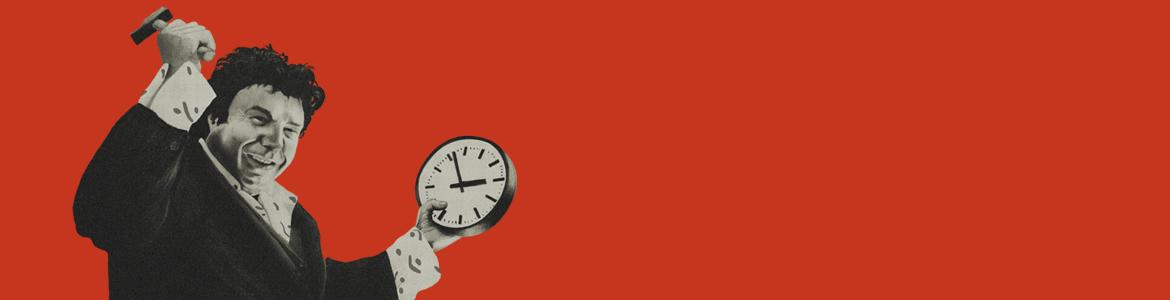 Baner Suma Flamenca 2025 Figura masculina con un martillo y un reloj sobre fondo rojo