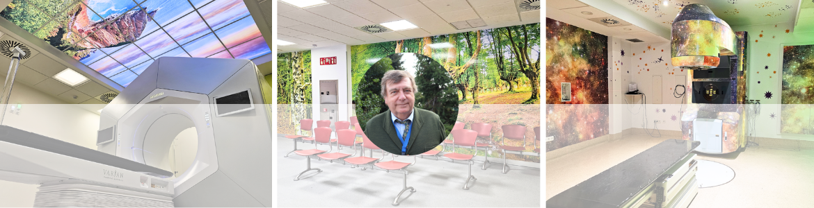 Salas de aceleradores y sala de espera y en el centro el doctor José Fermín Pérez-Regadera Dos fotos dos de aceleradores decorados y otra de sala de espera con paisaje en la pared y en el centro retrato en círculo de un hombre