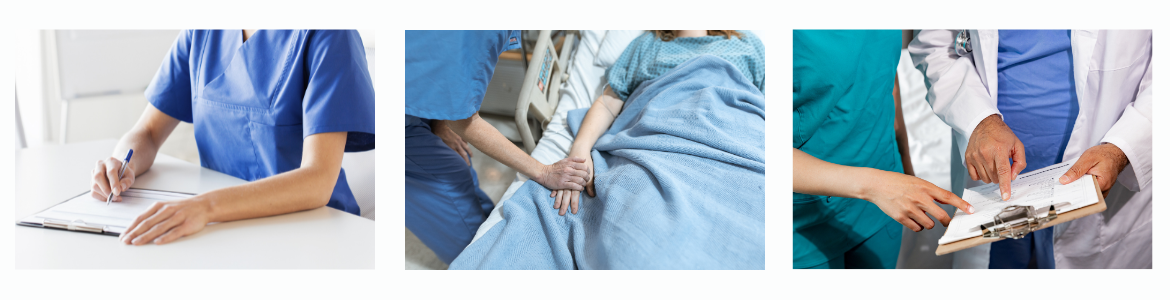 Tres fotos una enfermera escribiendo, otra tocando mano de paciente y otra de enfermera señalando cuestionario que también señala un médico