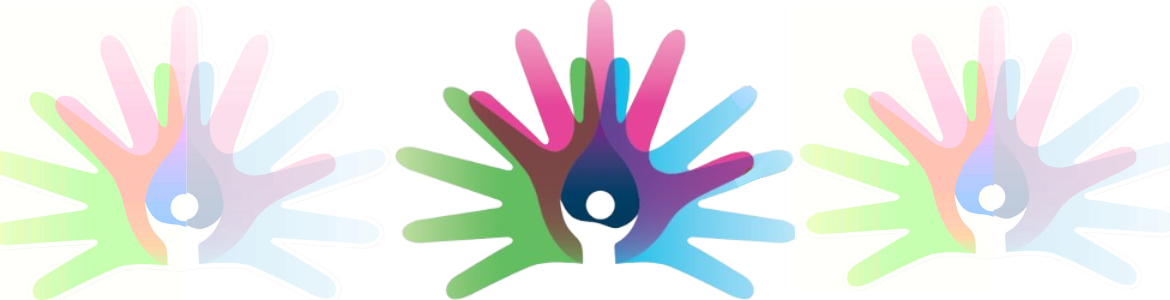 tres manos de colores juntas abiertas y desplegadas hacia los lados y el frente