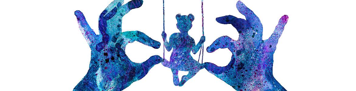 Hands and girl on a swing in blue color on white background
