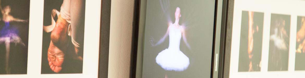 Fotografías y audiovisual de bailarines y bailarinas de ballet clásico, dispuestas en fila en una pared