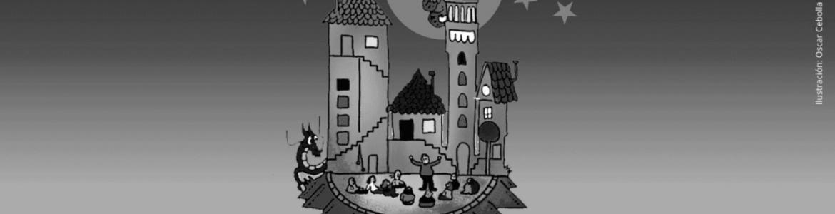 Paramythia Imagen en la que se ve un castillo rodeado de niños sentados viendo un cuentacuentos