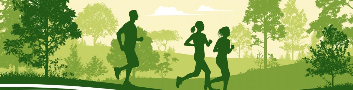 Ilustración de personas corriendo en un entorno verde