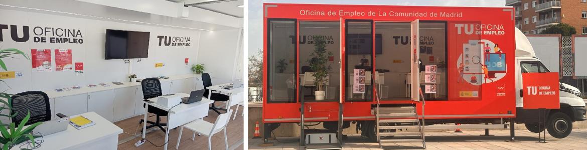 Interior y exterior de la oficina de empleo móvil