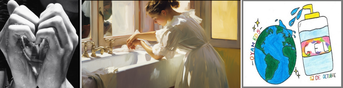 tres imágenes, una de manos formando corazón con jabón, mujer lavándose las manos y gel sobre bola del mundo
