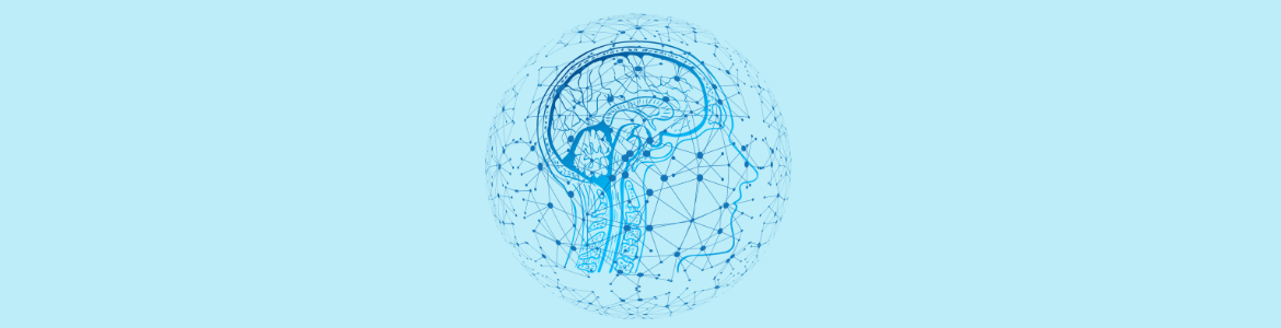 ilustración de líneas y puntos azules de cabeza y cerebro sobre fondo azul más claro