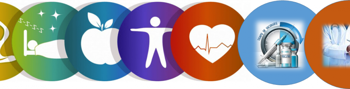 Círculos en línea sobrepuestos con colores diferentes y dentro iconos de salud laboral