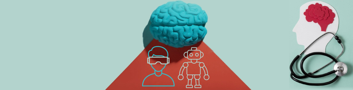 imágen icónica de un cerebro, una persona y un robot sobre fondo verde