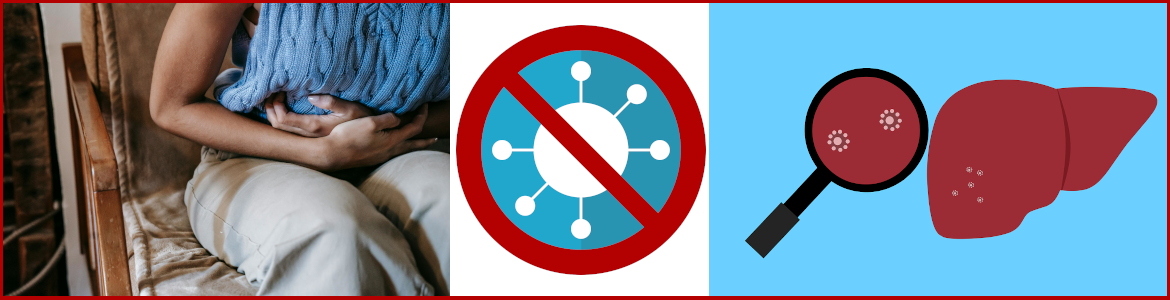 Imagen de una persona con las manos en el abdomen, un virus y un hígado