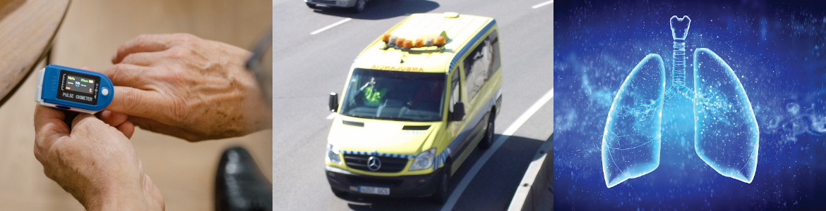 Imagen de un pulsioxímetro, una ambulancia y unos pulmones
