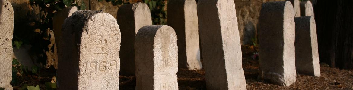 Simple tombstones in front of a cemetery wall