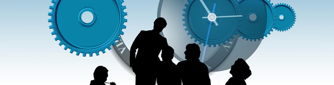 several silhouettes of a group of people with the gear of a clock in the background